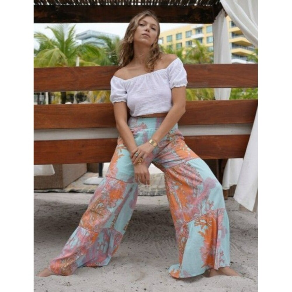 Debbie Katz SMALL Wide Leg Cotton Palazzo Coral Reef Print Women's Pants Casual